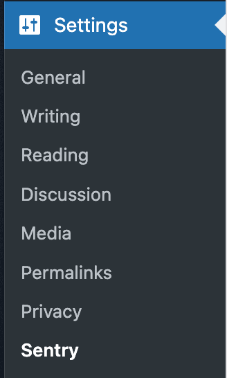 Sentry WordPress settings menu option